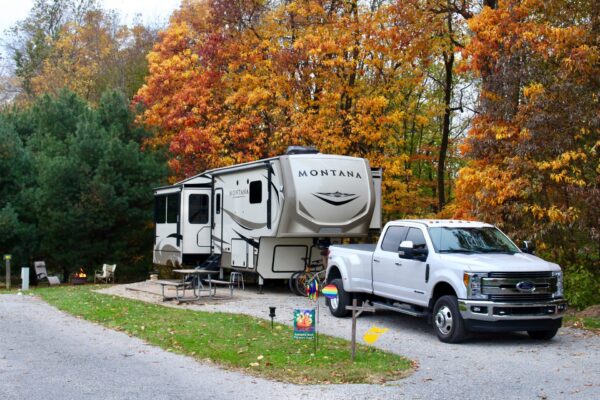 Pickup truck with camping trailer